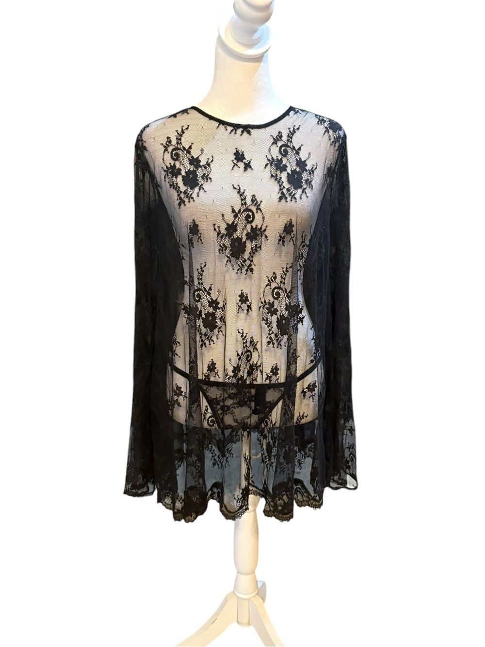 Victorias Secret Black Lace Long Bell Sleeve Tunic Dress Womens Large  NWOT